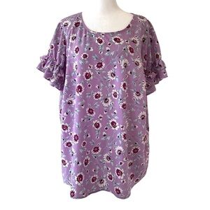 Lane Bryant 18 top short sleeves purple floral ruffles feminine